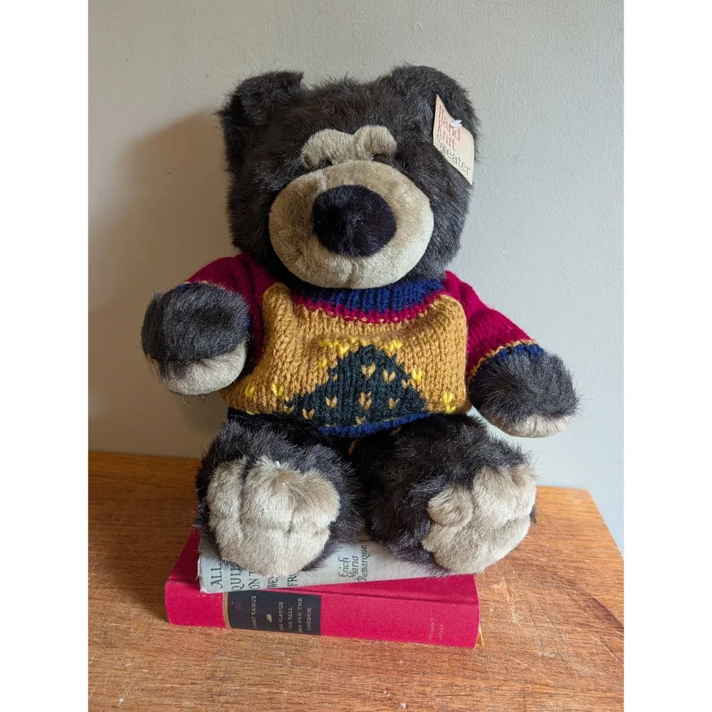 Vtg 90s Plush Black Bear Hand Knit Sweater Christmas Tree Winter 12in MTY Int'l